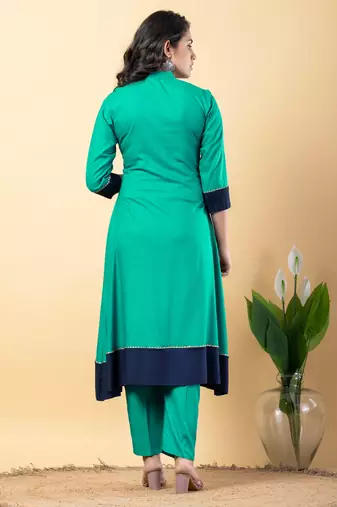 Green bijiya work rayon a-line kurta with bottom & dupatta set