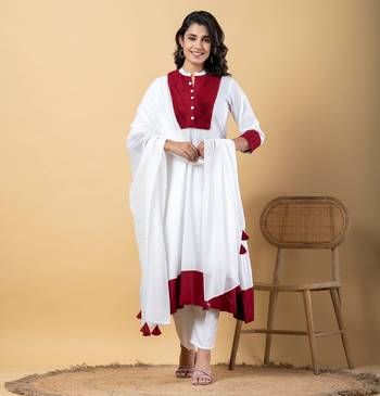 White bijiya work rayon a-line kurta with bottom & dupatta set 1