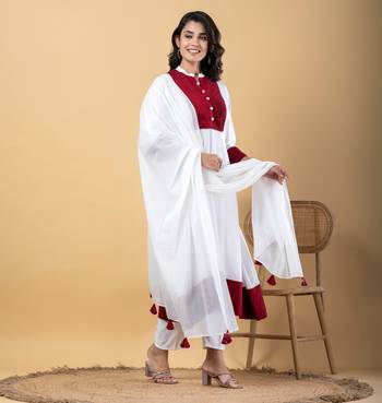 White bijiya work rayon a-line kurta with bottom & dupatta set 3