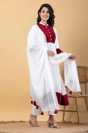 White bijiya work rayon a-line kurta with bottom & dupatta set