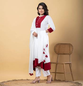 White bijiya work rayon a-line kurta with bottom & dupatta set 4
