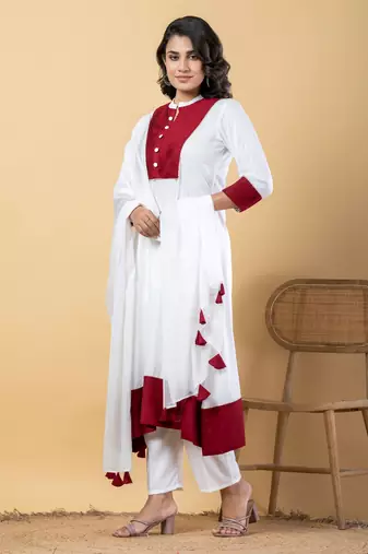 White bijiya work rayon a-line kurta with bottom & dupatta set