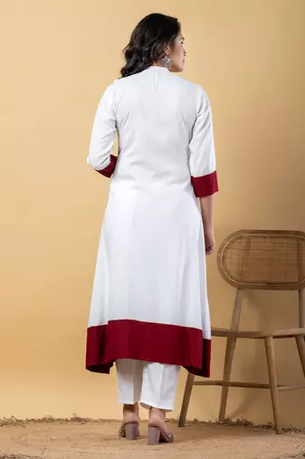 White bijiya work rayon a-line kurta with bottom & dupatta set