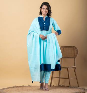 Blue bijiya work rayon a-line kurta with bottom & dupatta set 1