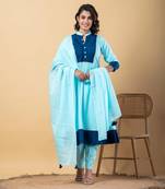 Blue bijiya work rayon a-line kurta with bottom & dupatta set