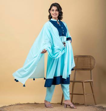 Blue bijiya work rayon a-line kurta with bottom & dupatta set 3