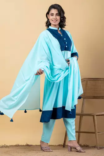 Blue bijiya work rayon a-line kurta with bottom & dupatta set