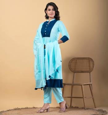 Blue bijiya work rayon a-line kurta with bottom & dupatta set 4