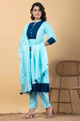 Blue bijiya work rayon a-line kurta with bottom & dupatta set