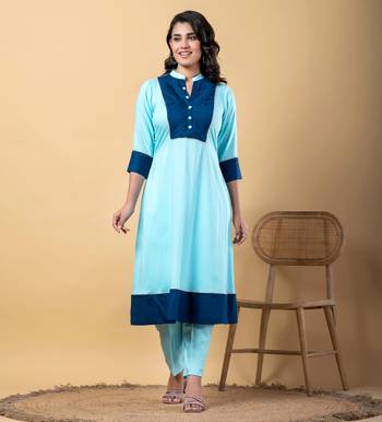 Blue bijiya work rayon a-line kurta with bottom & dupatta set 5