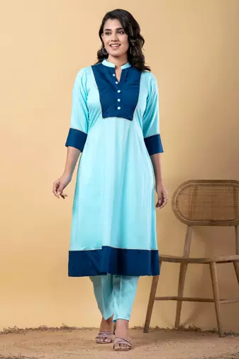 Blue bijiya work rayon a-line kurta with bottom & dupatta set