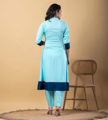 Blue bijiya work rayon a-line kurta with bottom & dupatta set 6