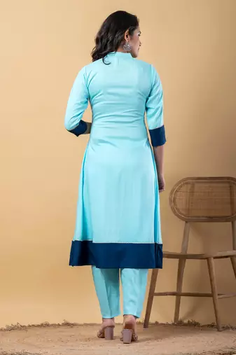 Blue bijiya work rayon a-line kurta with bottom & dupatta set