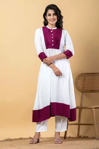 White bijiya work rayon a-line kurta with bottom & dupatta set