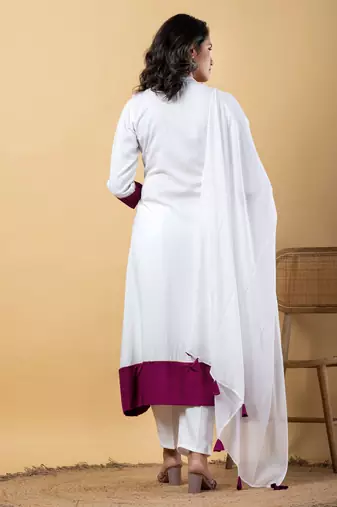 White bijiya work rayon a-line kurta with bottom & dupatta set