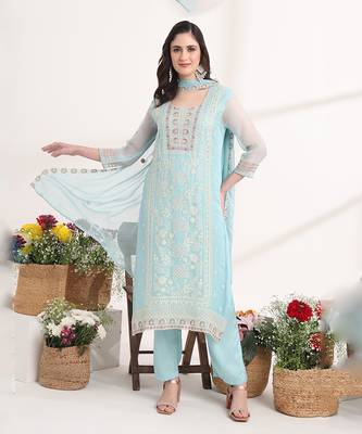 blue embroidery poly chiffon straight kurta dupatta set 1