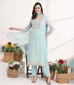 blue embroidery poly chiffon straight kurta dupatta set