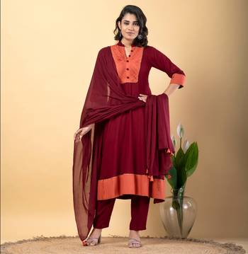 Maroon bijiya work rayon a-line kurta with bottom & dupatta set 1