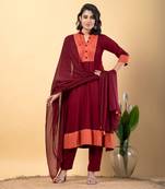 Maroon bijiya work rayon a-line kurta with bottom & dupatta set