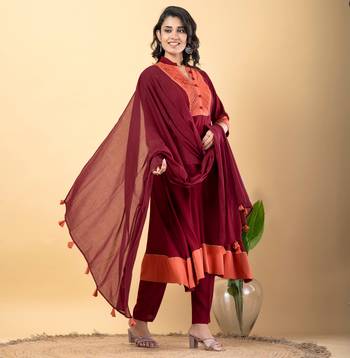 Maroon bijiya work rayon a-line kurta with bottom & dupatta set 3