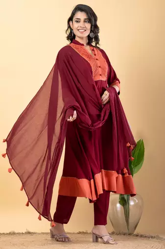 Maroon bijiya work rayon a-line kurta with bottom & dupatta set