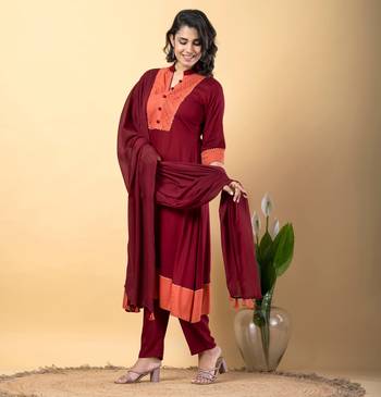 Maroon bijiya work rayon a-line kurta with bottom & dupatta set 4