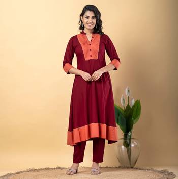 Maroon bijiya work rayon a-line kurta with bottom & dupatta set 5