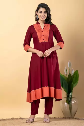 Maroon bijiya work rayon a-line kurta with bottom & dupatta set