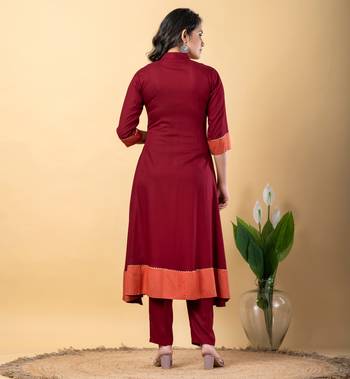 Maroon bijiya work rayon a-line kurta with bottom & dupatta set 6