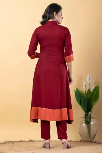 Maroon bijiya work rayon a-line kurta with bottom & dupatta set
