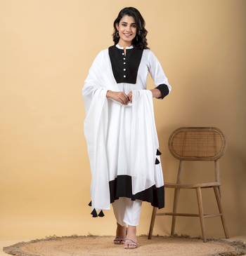White bijiya work rayon a-line kurta with bottom & dupatta set 1