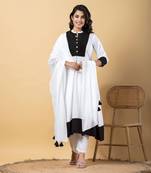 White bijiya work rayon a-line kurta with bottom & dupatta set