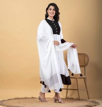 White bijiya work rayon a-line kurta with bottom & dupatta set 2