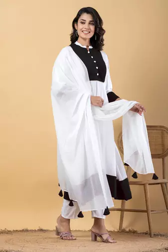White bijiya work rayon a-line kurta with bottom & dupatta set