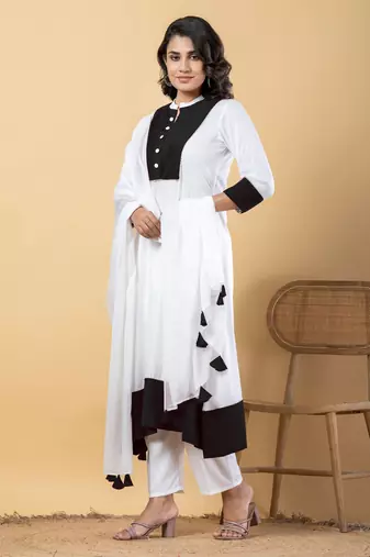 White bijiya work rayon a-line kurta with bottom & dupatta set