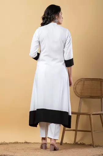 White bijiya work rayon a-line kurta with bottom & dupatta set