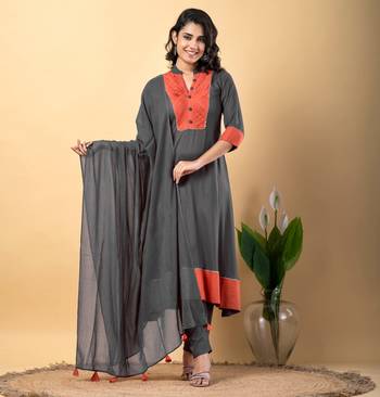 Grey bijiya work rayon a-line kurta with bottom & dupatta set 1