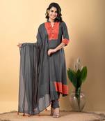 Grey bijiya work rayon a-line kurta with bottom & dupatta set