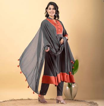Grey bijiya work rayon a-line kurta with bottom & dupatta set 2