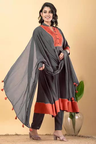 Grey bijiya work rayon a-line kurta with bottom & dupatta set