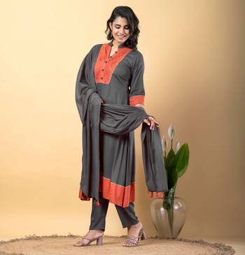 Grey bijiya work rayon a-line kurta with bottom & dupatta set 3