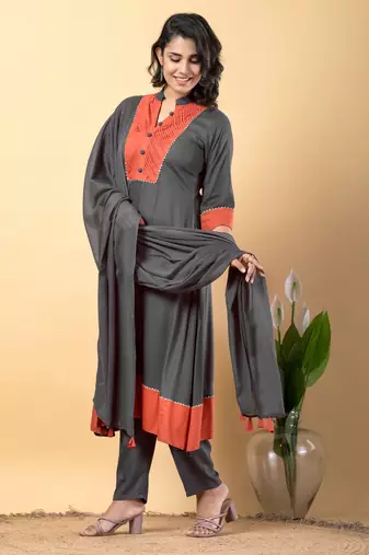 Grey bijiya work rayon a-line kurta with bottom & dupatta set