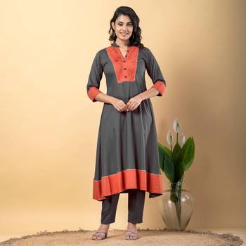 Grey bijiya work rayon a-line kurta with bottom & dupatta set 4