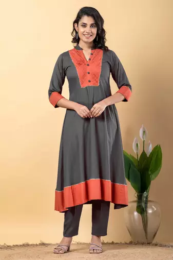 Grey bijiya work rayon a-line kurta with bottom & dupatta set