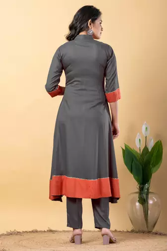 Grey bijiya work rayon a-line kurta with bottom & dupatta set