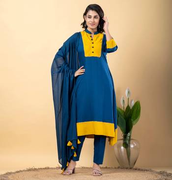 Blue bijiya work rayon a-line kurta with bottom & dupatta set 1