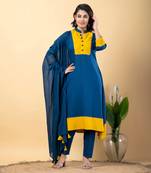 Blue bijiya work rayon a-line kurta with bottom & dupatta set