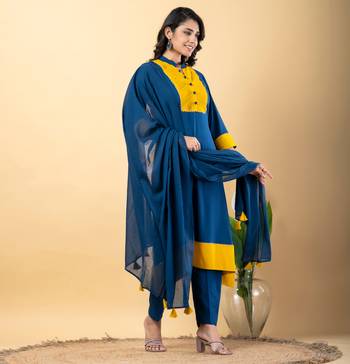 Blue bijiya work rayon a-line kurta with bottom & dupatta set 3
