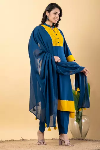 Blue bijiya work rayon a-line kurta with bottom & dupatta set