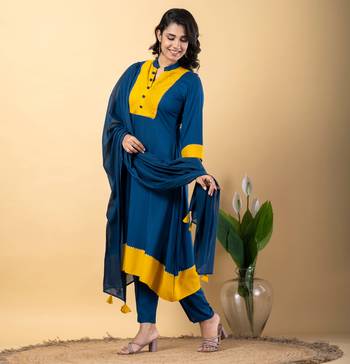 Blue bijiya work rayon a-line kurta with bottom & dupatta set 4